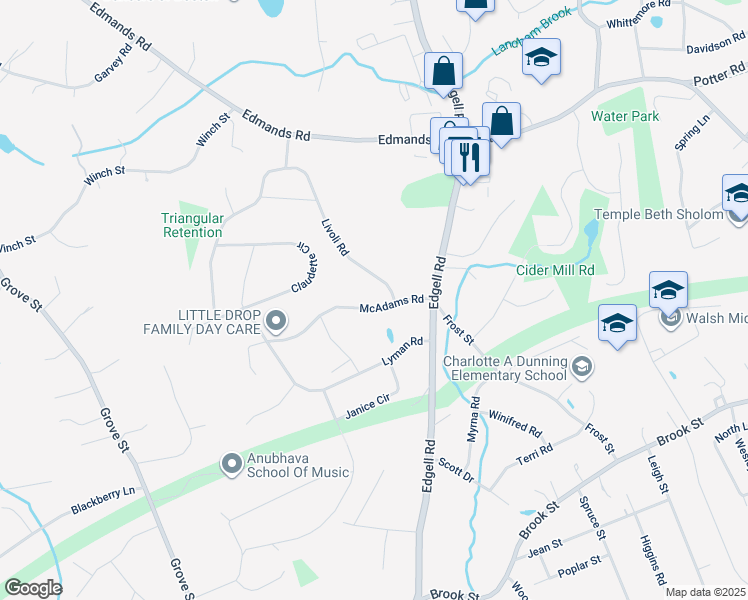 map of restaurants, bars, coffee shops, grocery stores, and more near 2 Livoli Road in Framingham