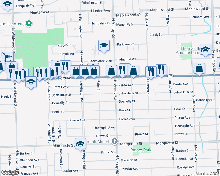 map of restaurants, bars, coffee shops, grocery stores, and more near 32951 Pardo Street in Garden City
