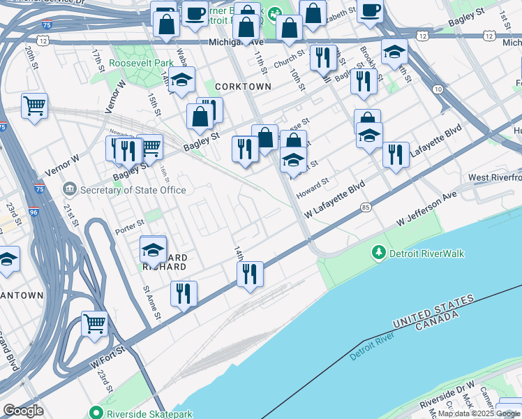 map of restaurants, bars, coffee shops, grocery stores, and more near 1265 Lafferty-Vermont Street in Detroit