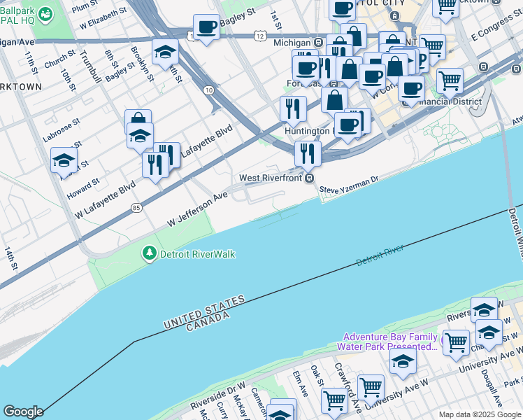 map of restaurants, bars, coffee shops, grocery stores, and more near 951 West Jefferson Avenue in Detroit