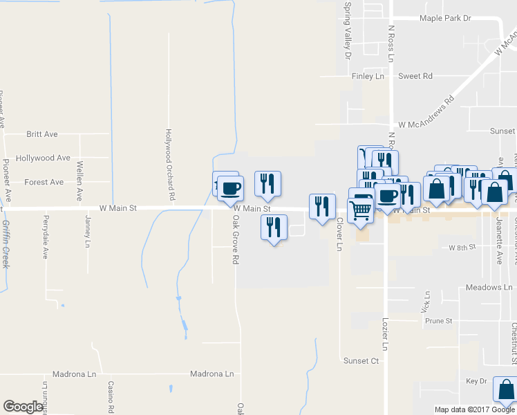 map of restaurants, bars, coffee shops, grocery stores, and more near 2730 West Main Street in Medford