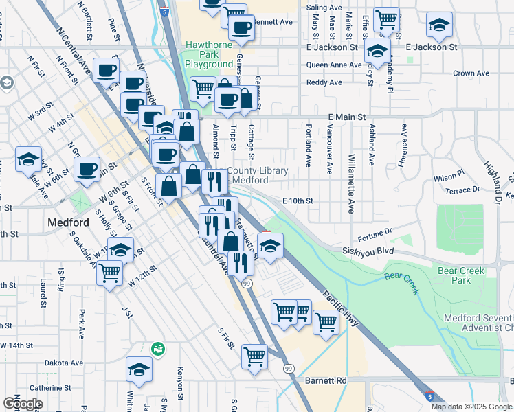 map of restaurants, bars, coffee shops, grocery stores, and more near 501 Spencer Street in Medford