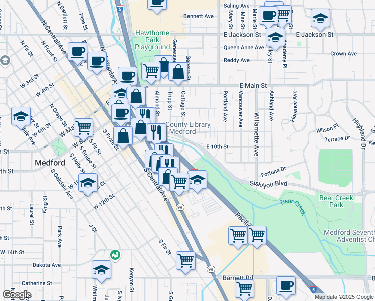 map of restaurants, bars, coffee shops, grocery stores, and more near 501 Spencer Street in Medford
