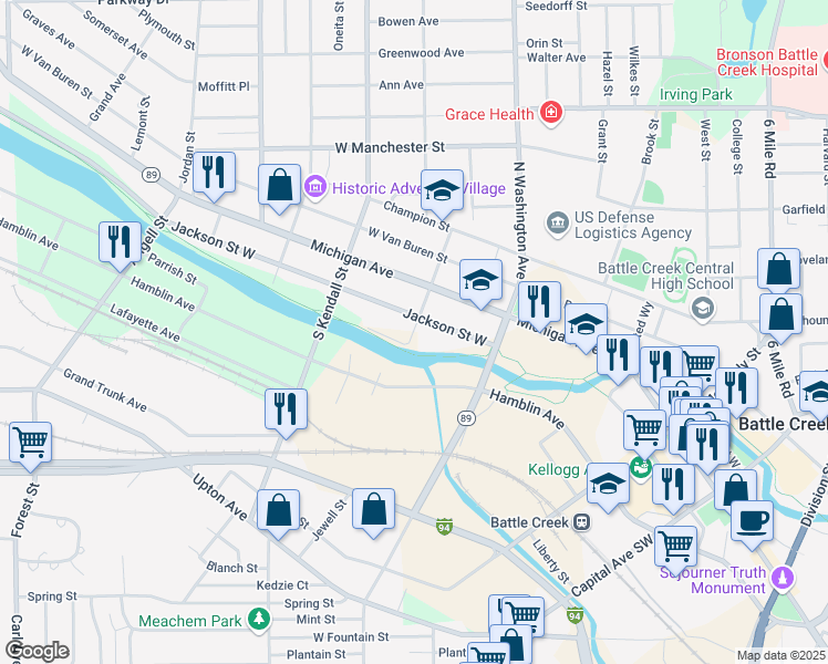 map of restaurants, bars, coffee shops, grocery stores, and more near 47 South Cass Street in Battle Creek