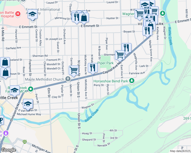 map of restaurants, bars, coffee shops, grocery stores, and more near 456 Capital Avenue Northeast in Battle Creek