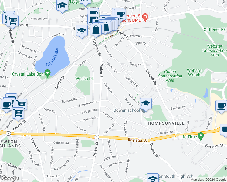 map of restaurants, bars, coffee shops, grocery stores, and more near 50 Ridge Avenue in Newton