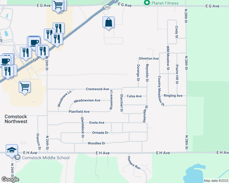 map of restaurants, bars, coffee shops, grocery stores, and more near 6470 Crestwood Avenue in Kalamazoo