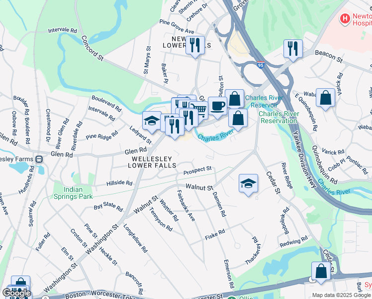 map of restaurants, bars, coffee shops, grocery stores, and more near 34 Washington Street in Wellesley