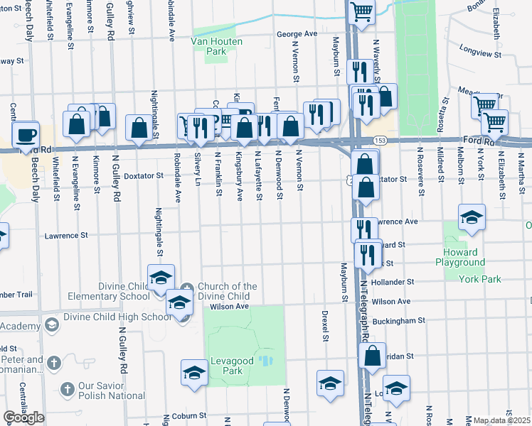 map of restaurants, bars, coffee shops, grocery stores, and more near 1747 North Lafayette Street in Dearborn