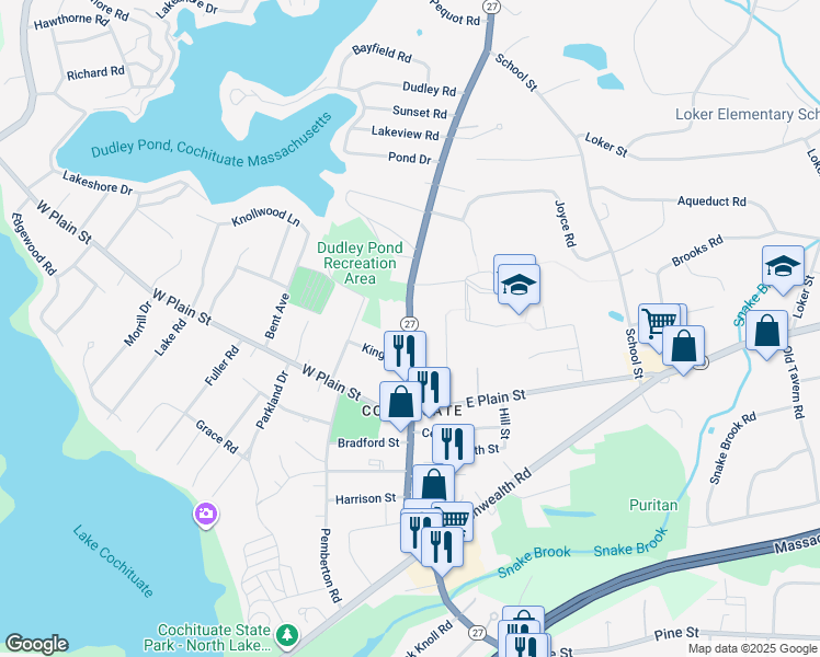 map of restaurants, bars, coffee shops, grocery stores, and more near Main Street in Wayland