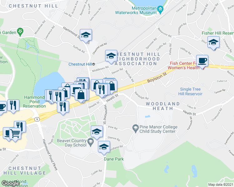 map of restaurants, bars, coffee shops, grocery stores, and more near 83 Dunster Road in Brookline
