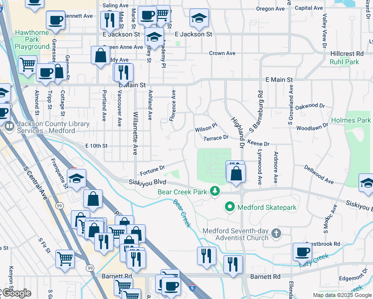 map of restaurants, bars, coffee shops, grocery stores, and more near 401 Eastwood Drive in Medford