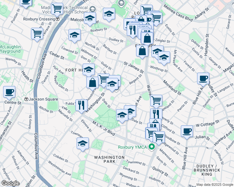 map of restaurants, bars, coffee shops, grocery stores, and more near 102-104 Crispus Attucks Place in Boston