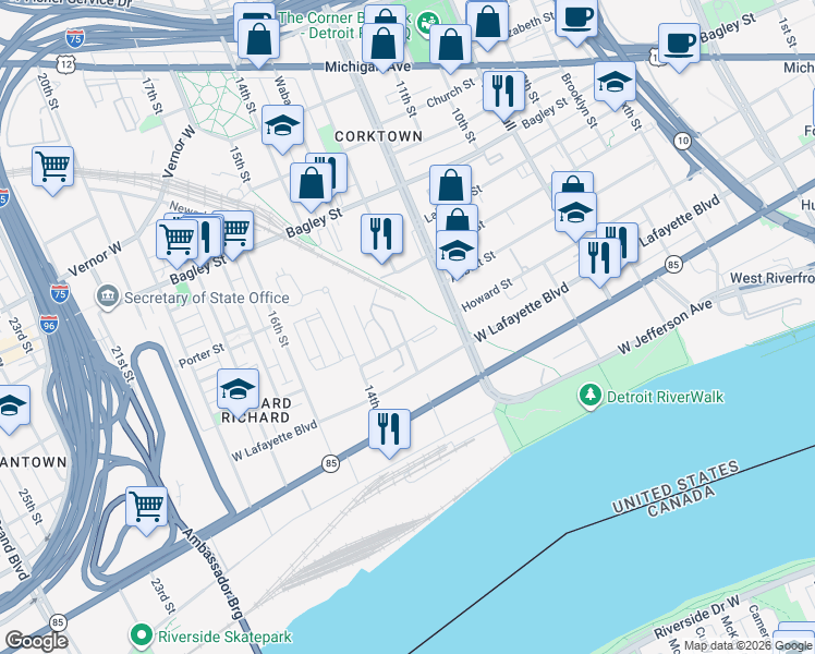 map of restaurants, bars, coffee shops, grocery stores, and more near 1265 Lafferty-Vermont St in Detroit