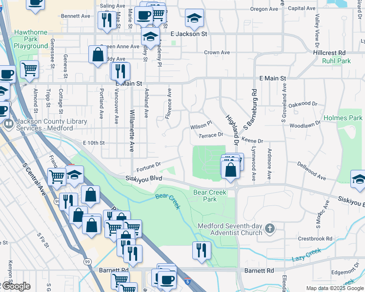 map of restaurants, bars, coffee shops, grocery stores, and more near 319 Eastwood Drive in Medford