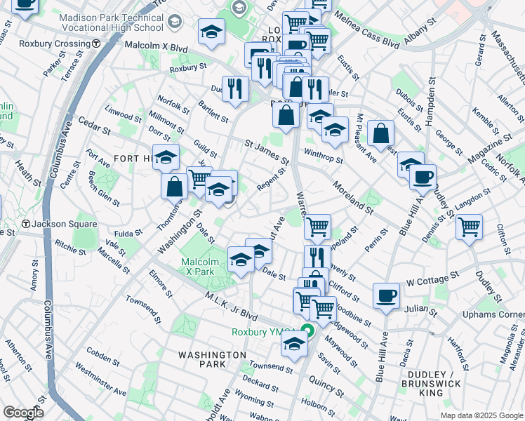 map of restaurants, bars, coffee shops, grocery stores, and more near 21a Circuit Street in Boston