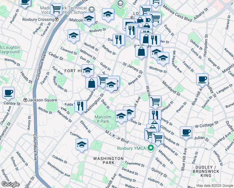 map of restaurants, bars, coffee shops, grocery stores, and more near 64B Regent Street in Boston