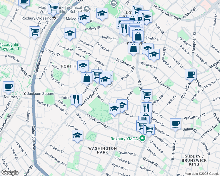 map of restaurants, bars, coffee shops, grocery stores, and more near 102-104 Crispus Attucks Place in Boston