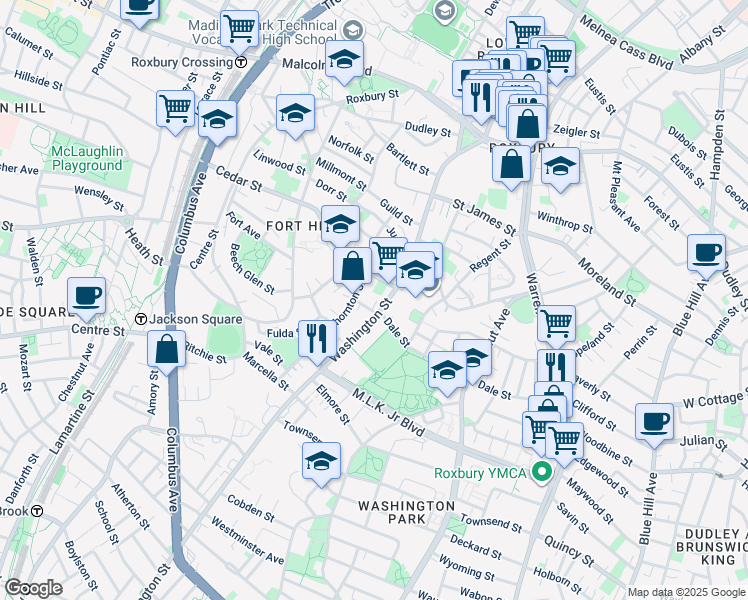 map of restaurants, bars, coffee shops, grocery stores, and more near 2679 Washington Street in Boston