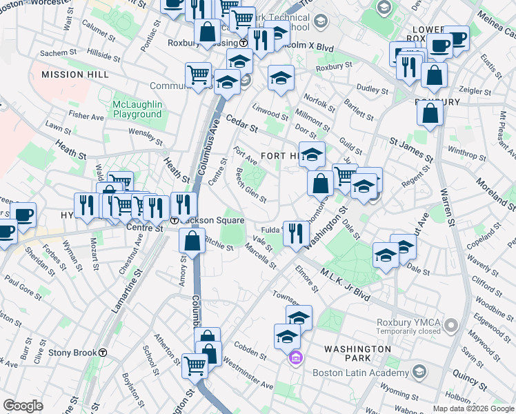 map of restaurants, bars, coffee shops, grocery stores, and more near 65 Beech Glen Street in Boston