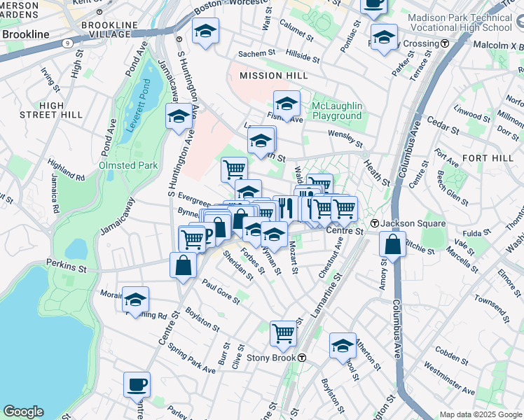 map of restaurants, bars, coffee shops, grocery stores, and more near 13 Sunnyside Street in Boston