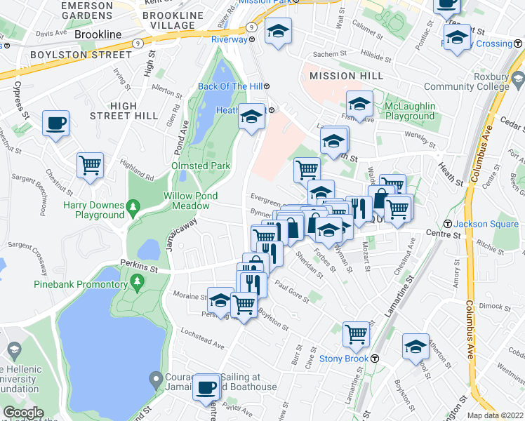 map of restaurants, bars, coffee shops, grocery stores, and more near 28 Evergreen Street in Boston