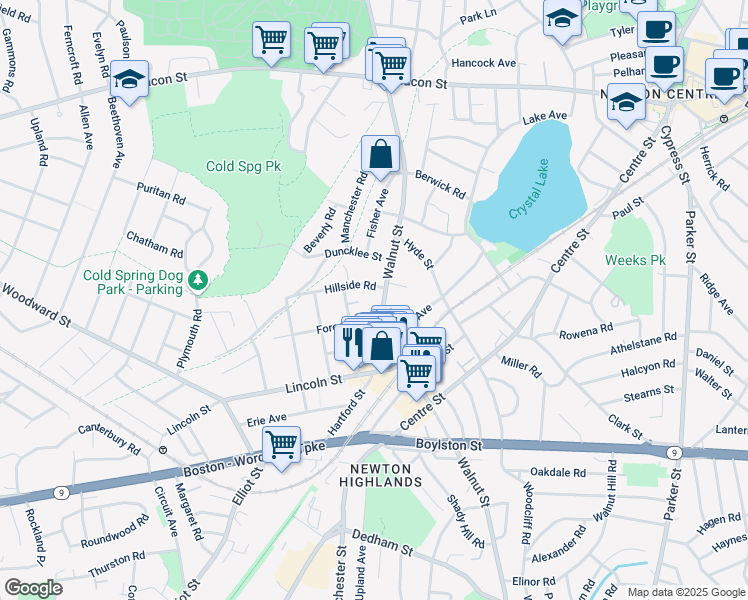 map of restaurants, bars, coffee shops, grocery stores, and more near 20 Hillside Road in Newton