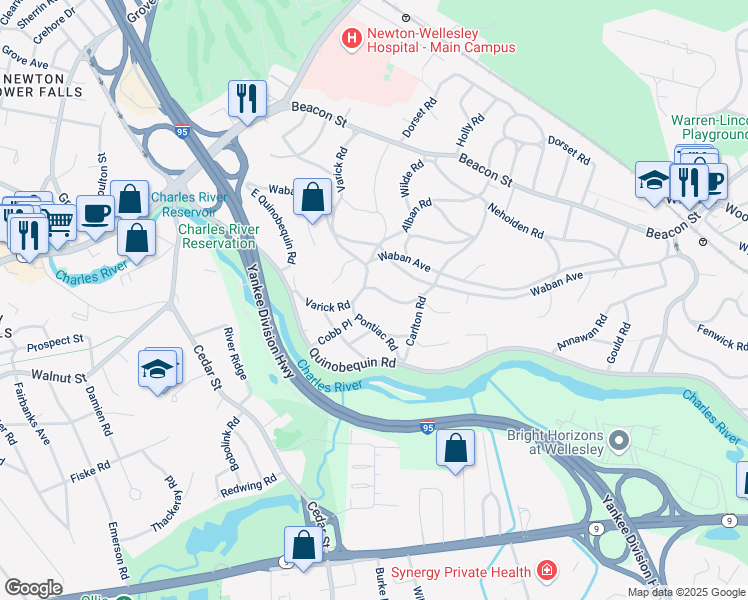 map of restaurants, bars, coffee shops, grocery stores, and more near 28 Ridge Road in Newton
