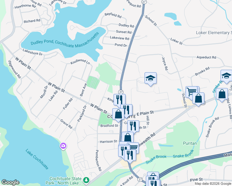 map of restaurants, bars, coffee shops, grocery stores, and more near 186 Main Street in Wayland