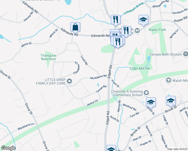 map of restaurants, bars, coffee shops, grocery stores, and more near 2 Livoli Road in Framingham