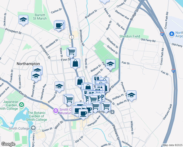 map of restaurants, bars, coffee shops, grocery stores, and more near 13 Walnut Street in Northampton