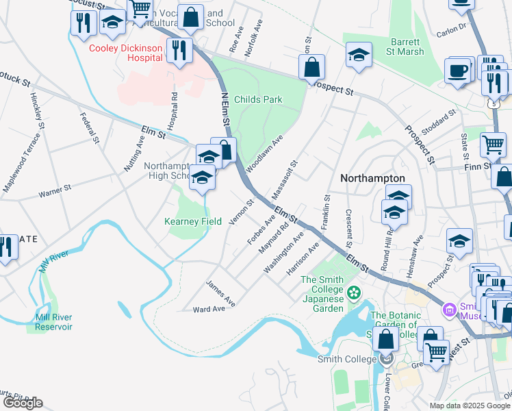map of restaurants, bars, coffee shops, grocery stores, and more near 302 Elm Street in Northampton