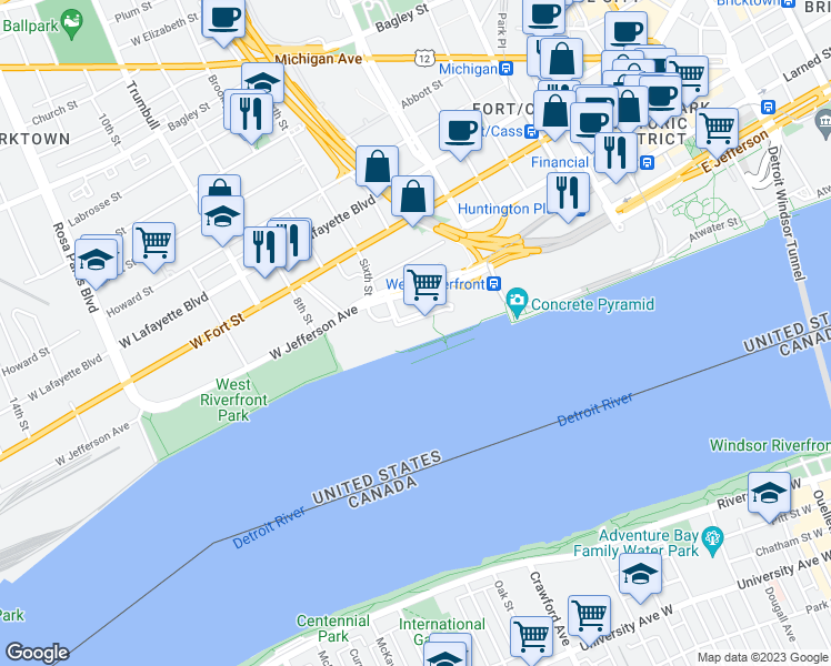 map of restaurants, bars, coffee shops, grocery stores, and more near 951 West Jefferson Avenue in Detroit