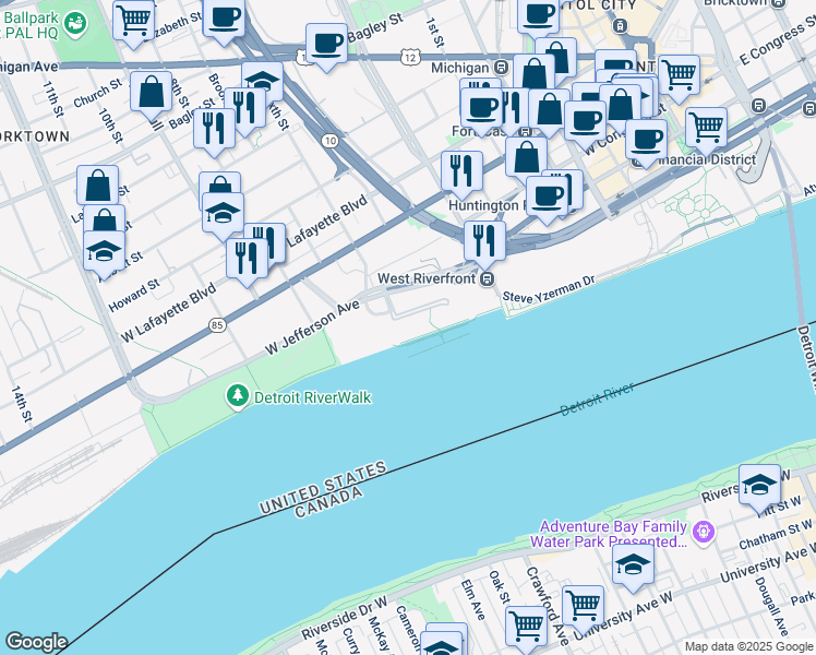 map of restaurants, bars, coffee shops, grocery stores, and more near 200 Riverfront Drive in Detroit