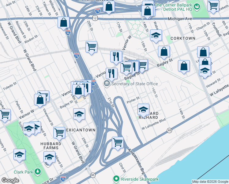 map of restaurants, bars, coffee shops, grocery stores, and more near 1525 20th Street in Detroit