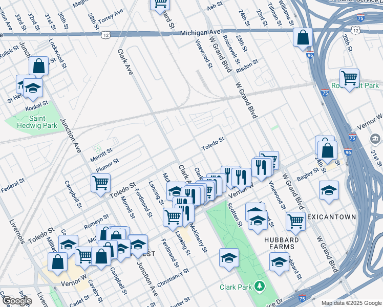 map of restaurants, bars, coffee shops, grocery stores, and more near 4237 Brandon Street in Detroit