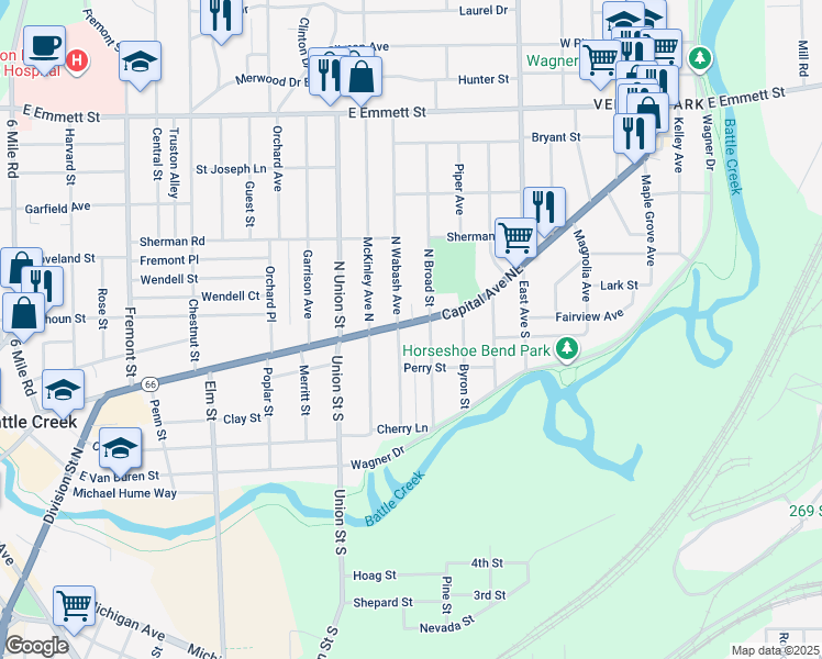 map of restaurants, bars, coffee shops, grocery stores, and more near 437 Capital Avenue Northeast in Battle Creek