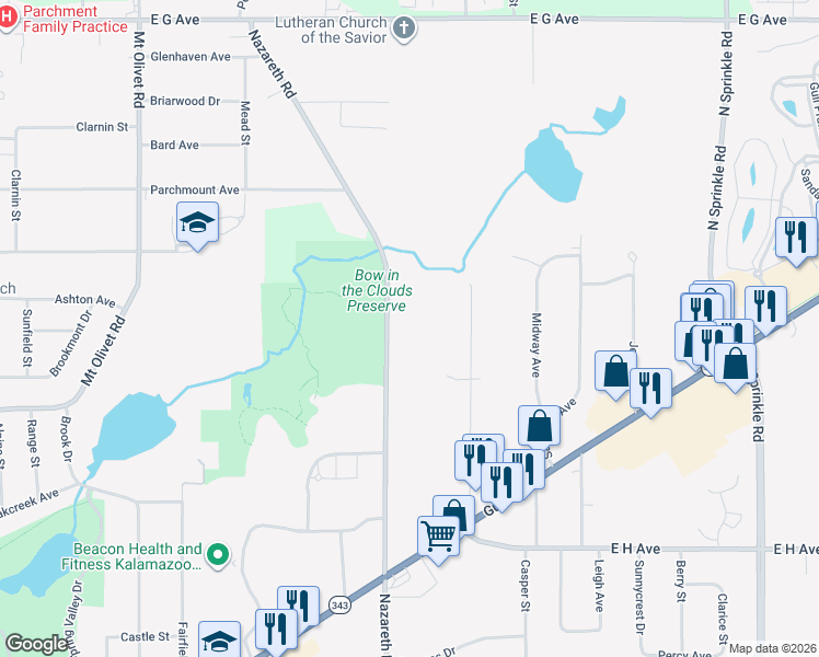 map of restaurants, bars, coffee shops, grocery stores, and more near 3304 Nazareth Road in Kalamazoo
