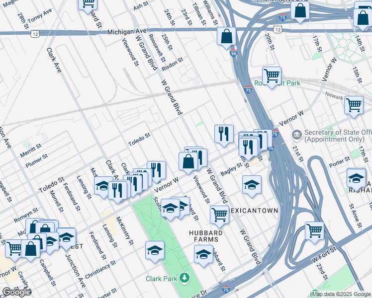 map of restaurants, bars, coffee shops, grocery stores, and more near 2008 Vinewood Street in Detroit