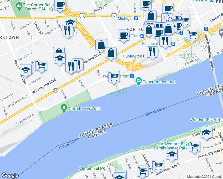 map of restaurants, bars, coffee shops, grocery stores, and more near 951 West Jefferson Avenue in Detroit