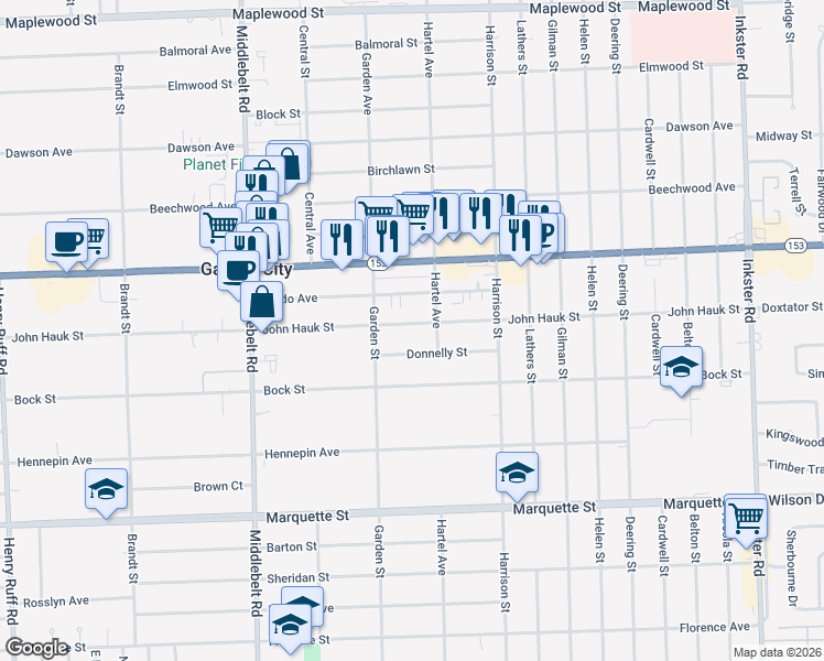 map of restaurants, bars, coffee shops, grocery stores, and more near 28671 John Hauk Street in Garden City