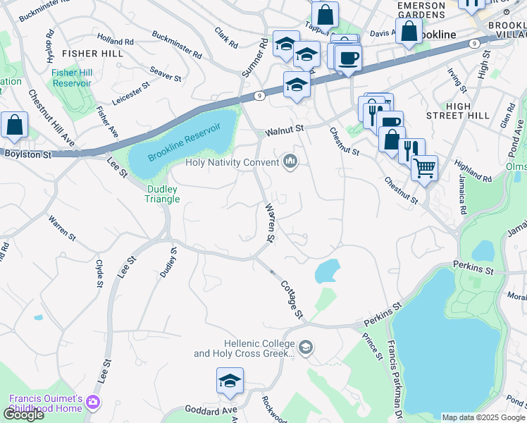 map of restaurants, bars, coffee shops, grocery stores, and more near 143 Warren Street in Brookline