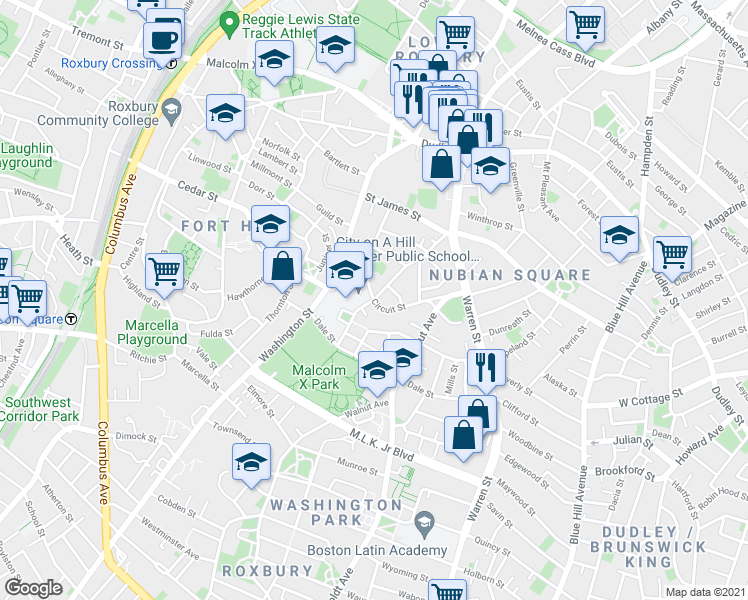 map of restaurants, bars, coffee shops, grocery stores, and more near Circuit St & Regent St in Boston