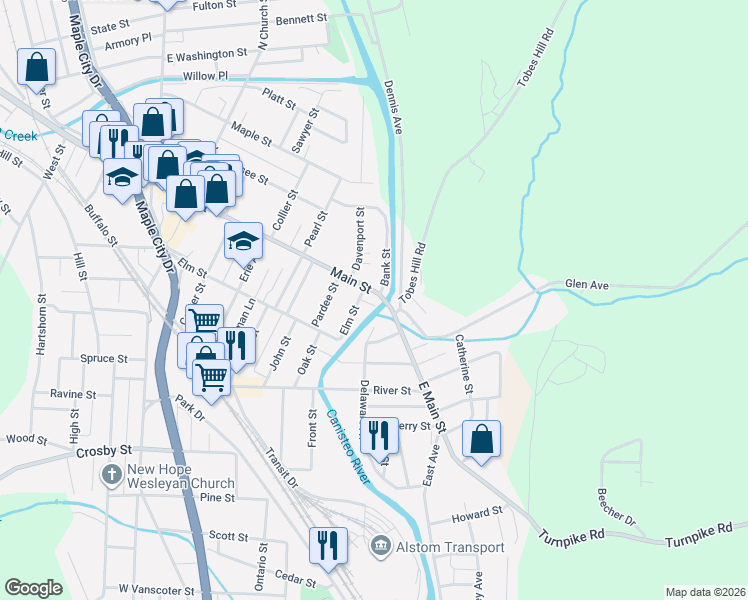 map of restaurants, bars, coffee shops, grocery stores, and more near 299-301 Main St in Hornell