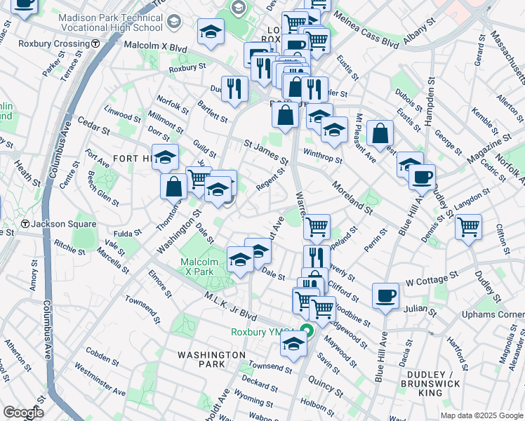 map of restaurants, bars, coffee shops, grocery stores, and more near 21a Circuit Street in Boston