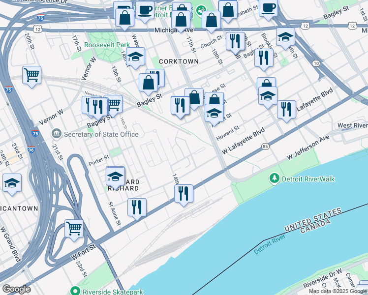 map of restaurants, bars, coffee shops, grocery stores, and more near 1265 Lafferty-Vermont St in Detroit