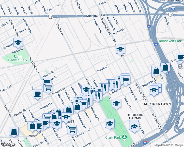map of restaurants, bars, coffee shops, grocery stores, and more near 4237 Brandon Street in Detroit