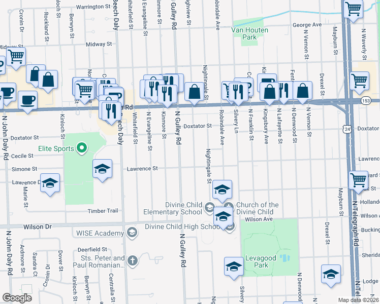 map of restaurants, bars, coffee shops, grocery stores, and more near 1775 Highview Street in Dearborn