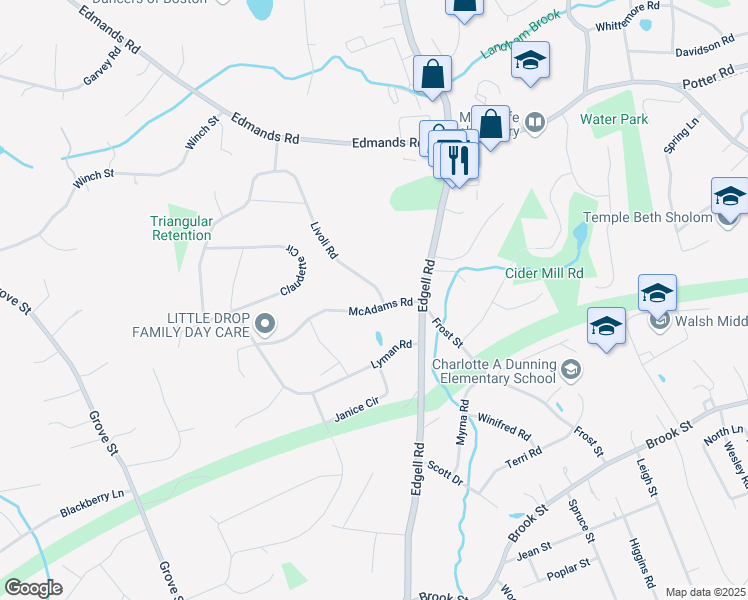 map of restaurants, bars, coffee shops, grocery stores, and more near 2 Livoli Road in Framingham