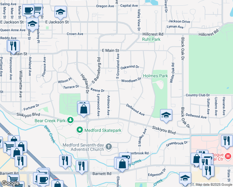 map of restaurants, bars, coffee shops, grocery stores, and more near 728 South Keene Way Drive in Medford